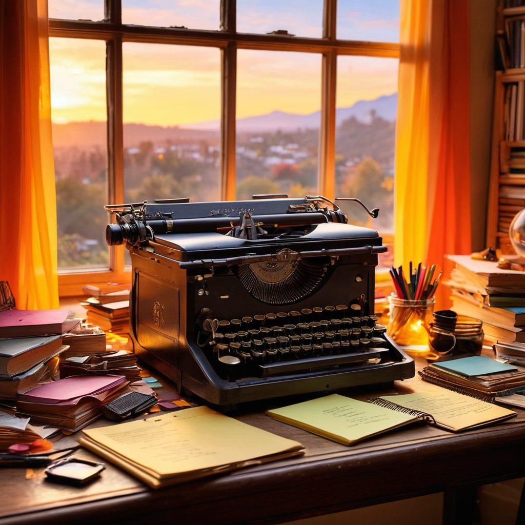 A whimsical writer's desk cluttered with open books, a vintage typewriter, and colorful notes scattered everywhere, surrounded by a warm, glowing light. In the background, a window shows a scenic view of a vibrant sunset, symbolizing inspiration. Display various styles of writing instruments like quills and modern pens. The overall atmosphere should evoke creativity and narrative flow. super-realistic. vibrant colors. warm tones.