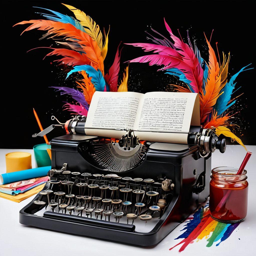 A whimsical scene depicting an open book with pages transforming into vibrant words and letters, flowing like a river of ink. In the background, a vintage typewriter sits alongside colorful quills and ink pots, symbolizing creativity and expression. The atmosphere is bright and inviting, filled with swirling, dreamlike patterns representing ideas and storytelling. A warm glow envelops the scene, evoking a sense of inspiration and wonder. super-realistic. vibrant colors. white background.