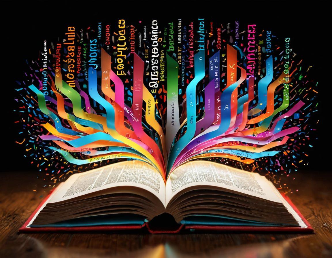 An open book with vibrant pages flowing into a digital landscape filled with colorful words, symbolizing the power of language. In the background, a glowing key represents unlocking knowledge and creativity. A diverse group of bloggers engages with the content on various devices, showcasing different languages and styles. The image should convey an atmosphere of inspiration and mastery of linguistic art. super-realistic. vibrant colors. digital art.